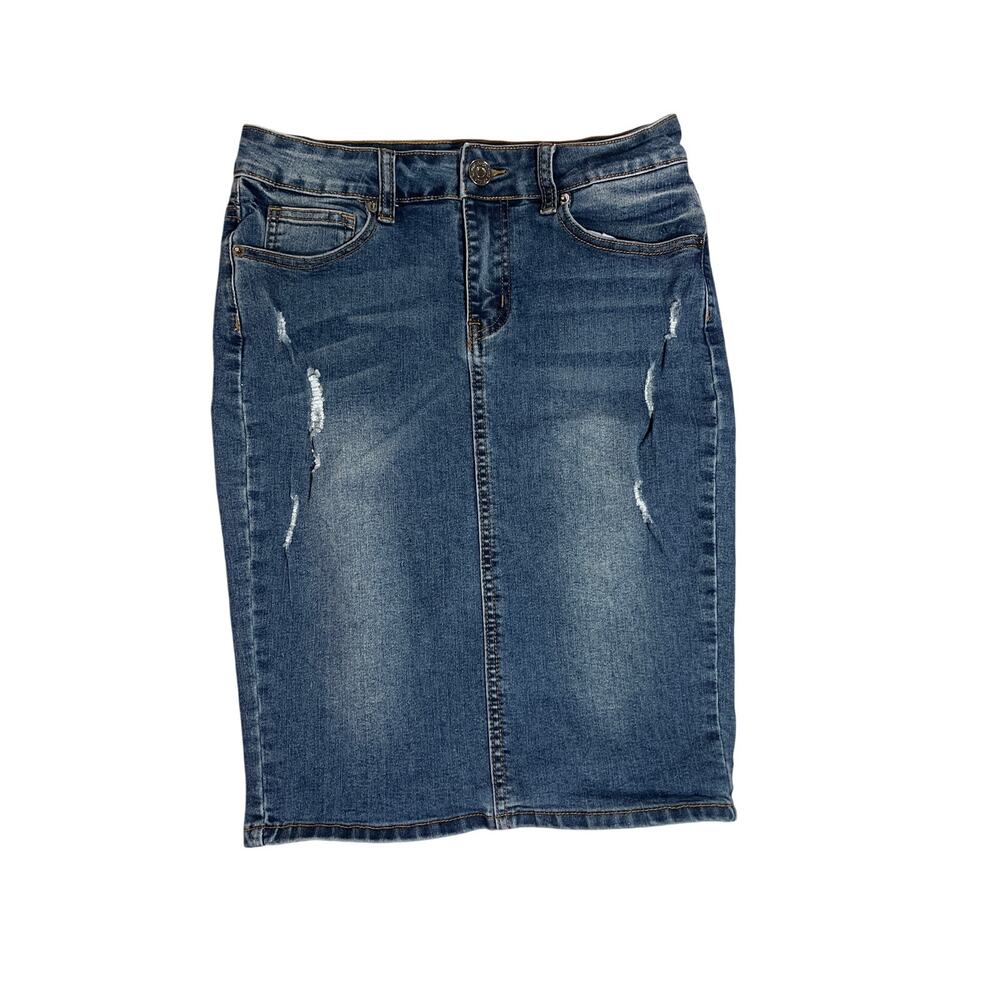 Chiqle Denim Architect Women’s Distressed Blue Denim Pencil Skirt Sz M